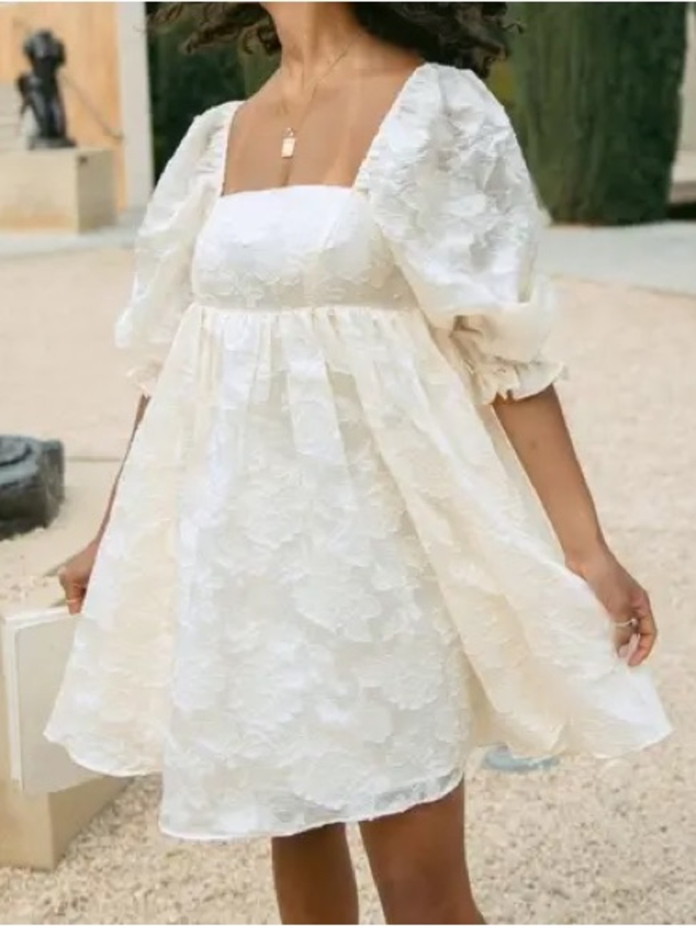 Storia Embroidered Lace Babydoll Puff Sleeve Mini Dress Cream Ivory Size S